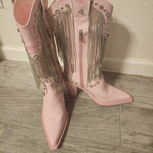 Sugar Thrillz Rhinestone Fringe Cowgirl Boots Dolls Kill Light Pink Size US 10